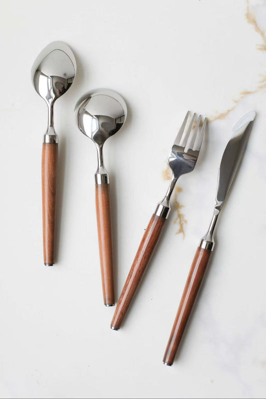 4-Piece Stainless Steel Flatware Set with Elegant Rosewood Handles