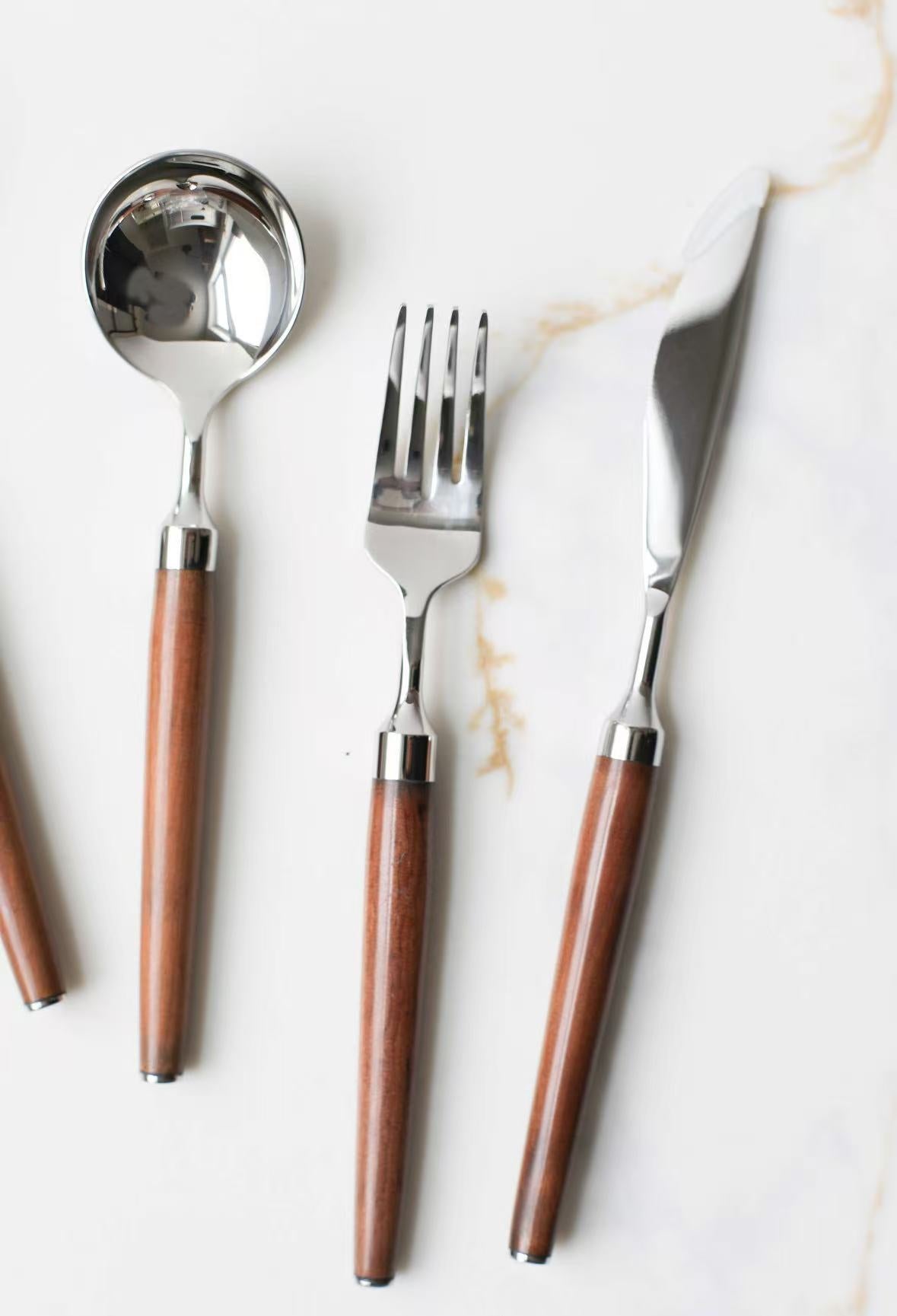 4-Piece Stainless Steel Flatware Set with Elegant Rosewood Handles