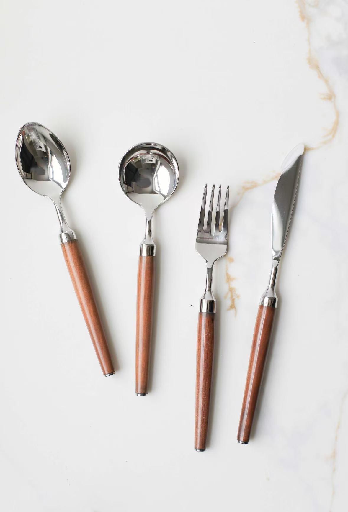 4-Piece Stainless Steel Flatware Set with Elegant Rosewood Handles