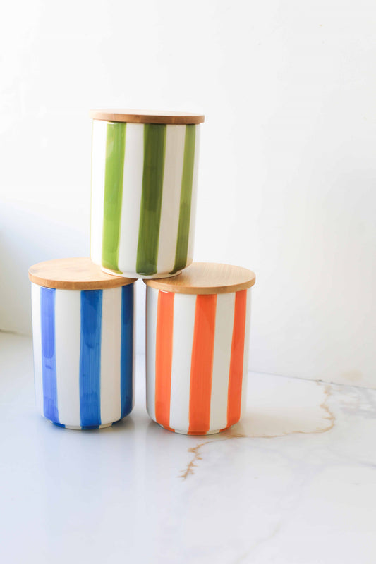 Striped Ceramic Storage Jar with Bamboo Lid
