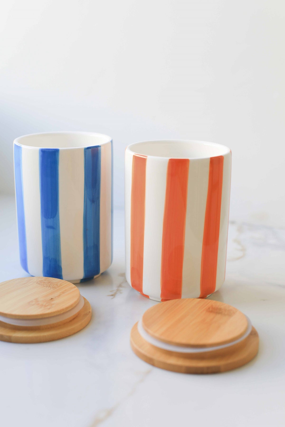 Striped Ceramic Storage Jar with Bamboo Lid