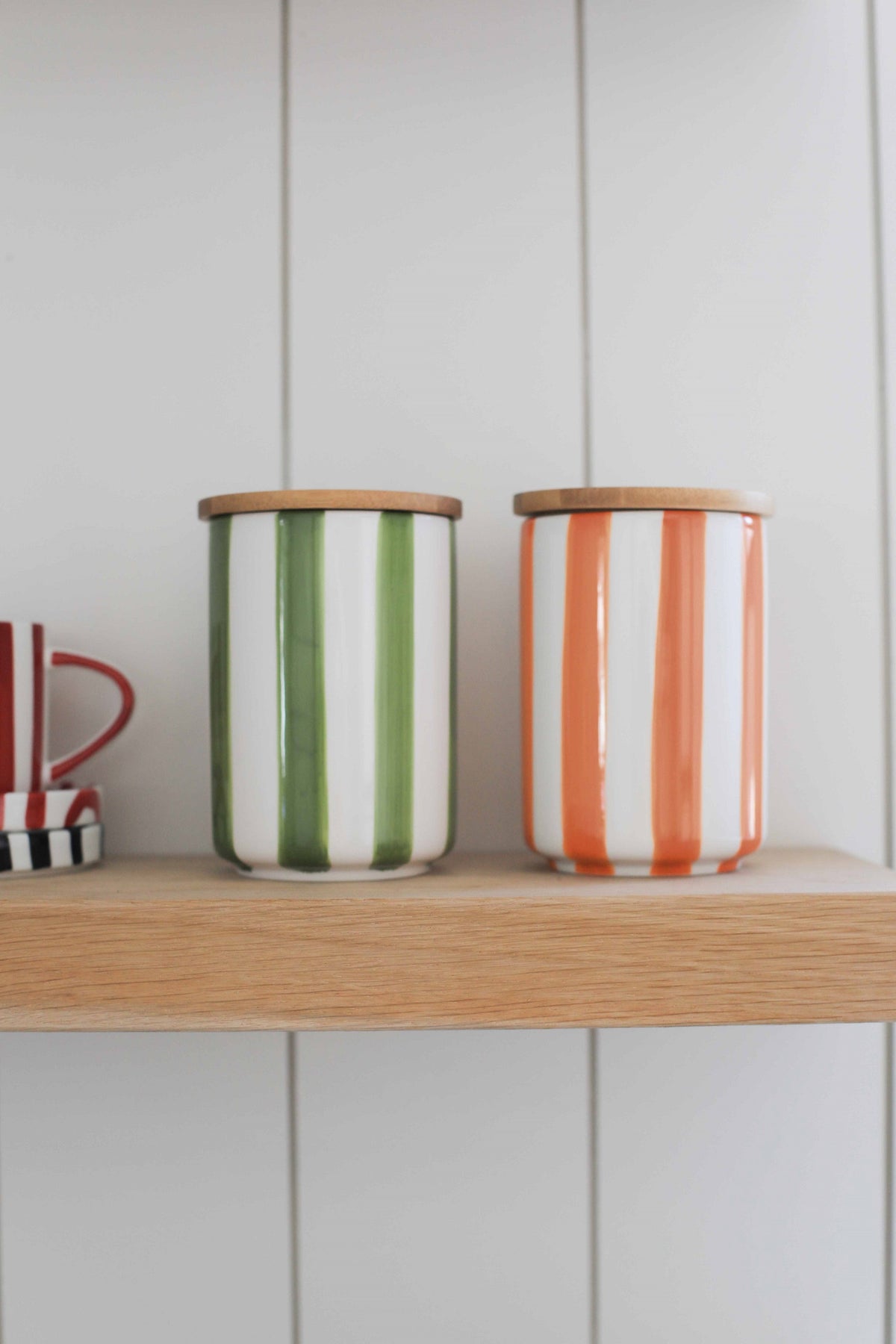 Striped Ceramic Storage Jar with Bamboo Lid
