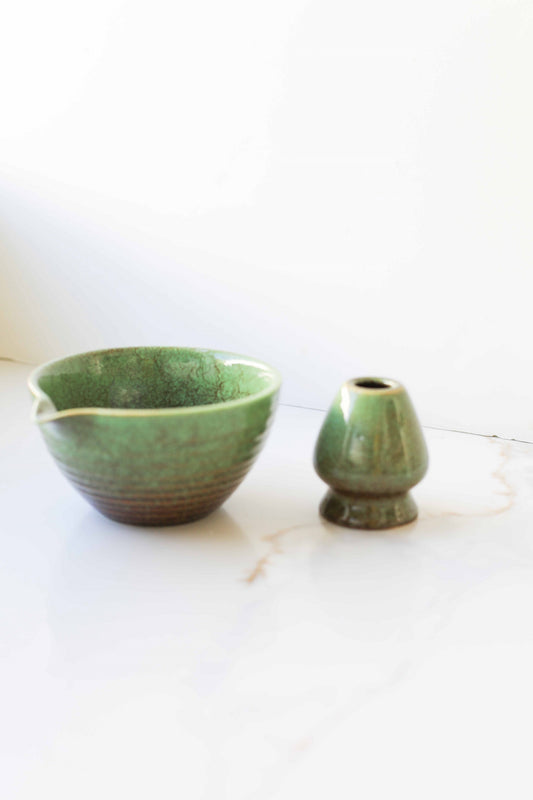 Green Ceramic Matcha Bowl Set with Spout