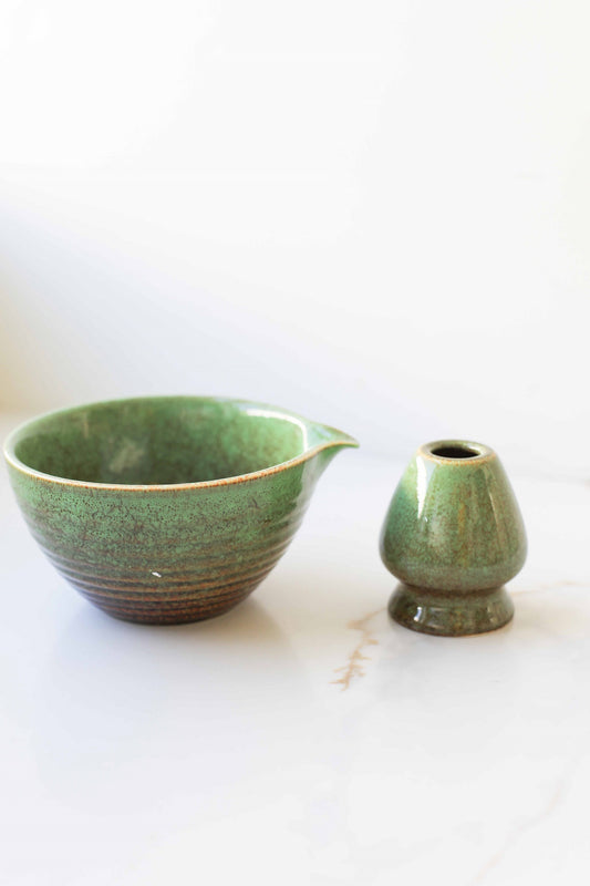Green Ceramic Matcha Bowl Set with Spout