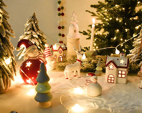 Christmas Snowman and House Porcelain Ornaments