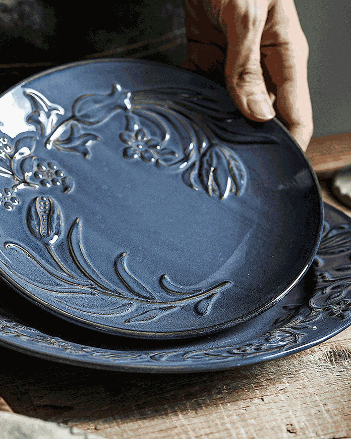 Embossed Antique Blue and White Plates