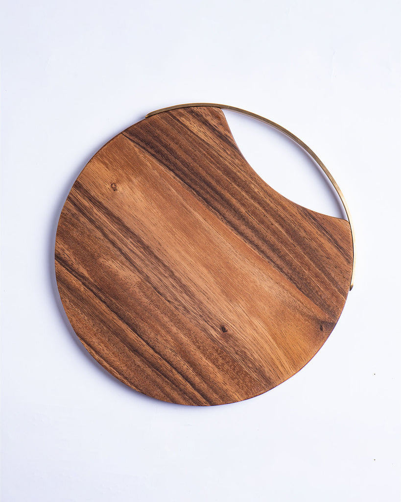 Acacia Round Wood Board with Brass Edge