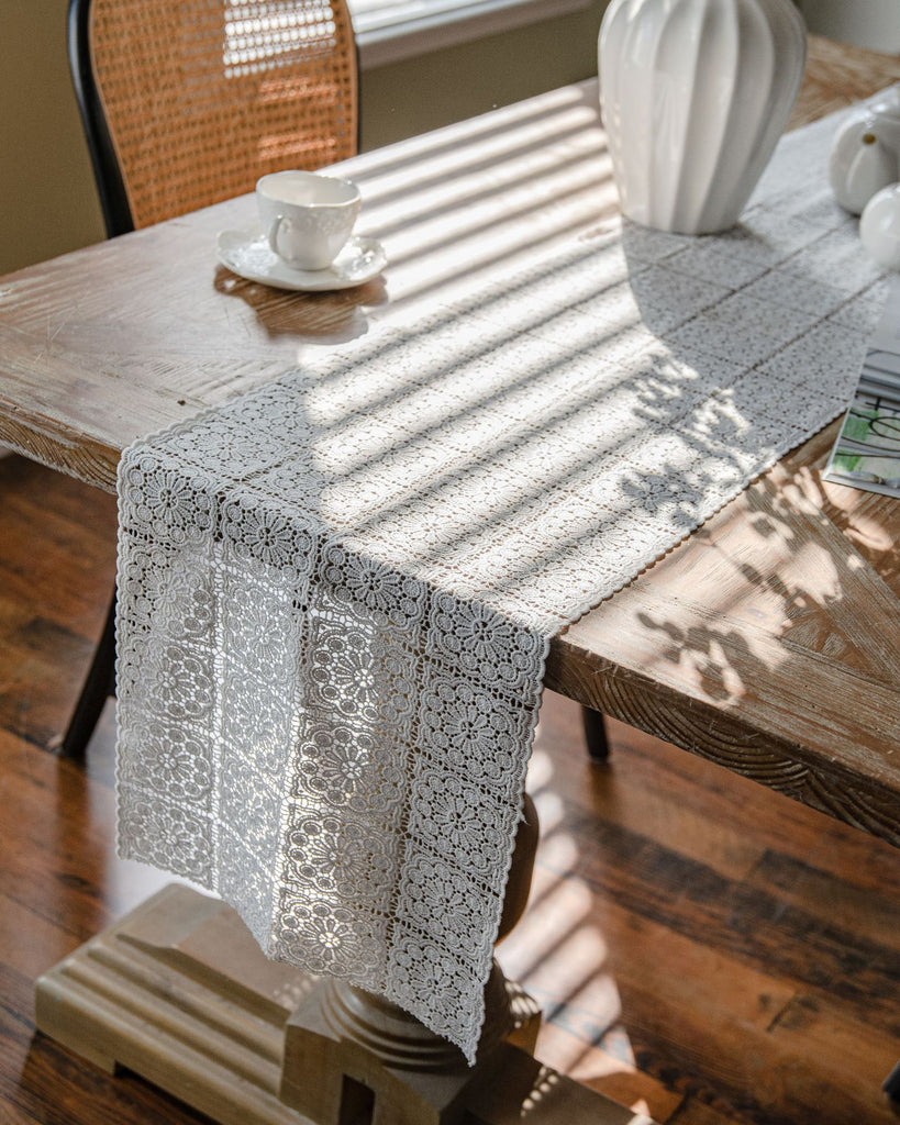 Embroidered Square Pattern Lace Table Runner